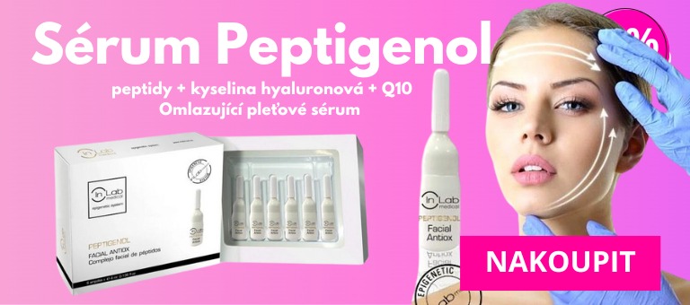 serum-naSérum Peptigenol – omlazující pleťové sérum s peptidy, kyselinou hyaluronovou a Q10, aplikované na obličej pro vyhlazení vrásek a zlepšení elasticity pleti, sleva.